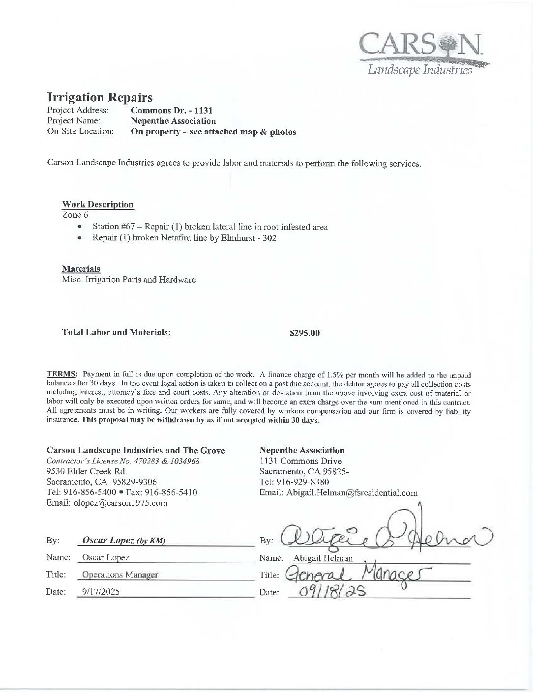 Carson Landscape – Irrigation Repairs – Zone 6, Station 67