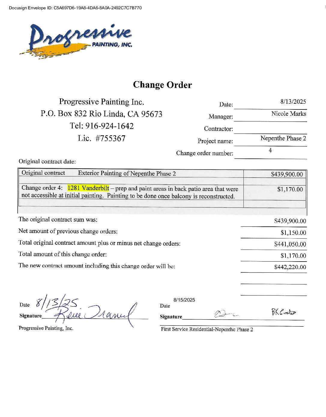 Progressive Painting – Phase 2 Change Order – #4
