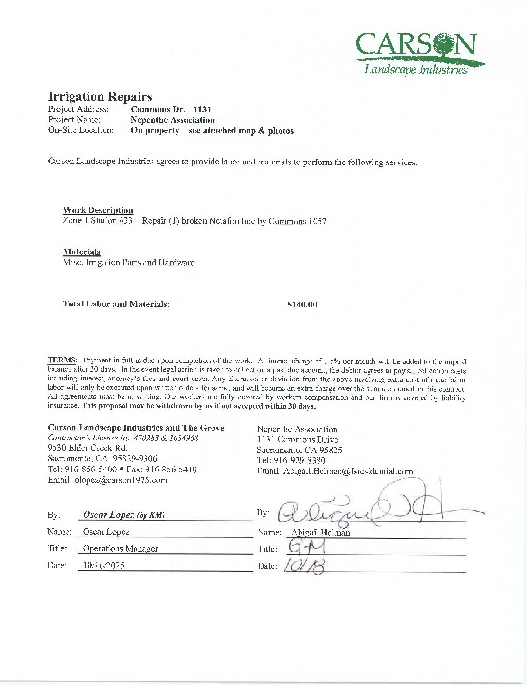 Carson Landscape – Irrigation Repairs – Zone 1, Station 33