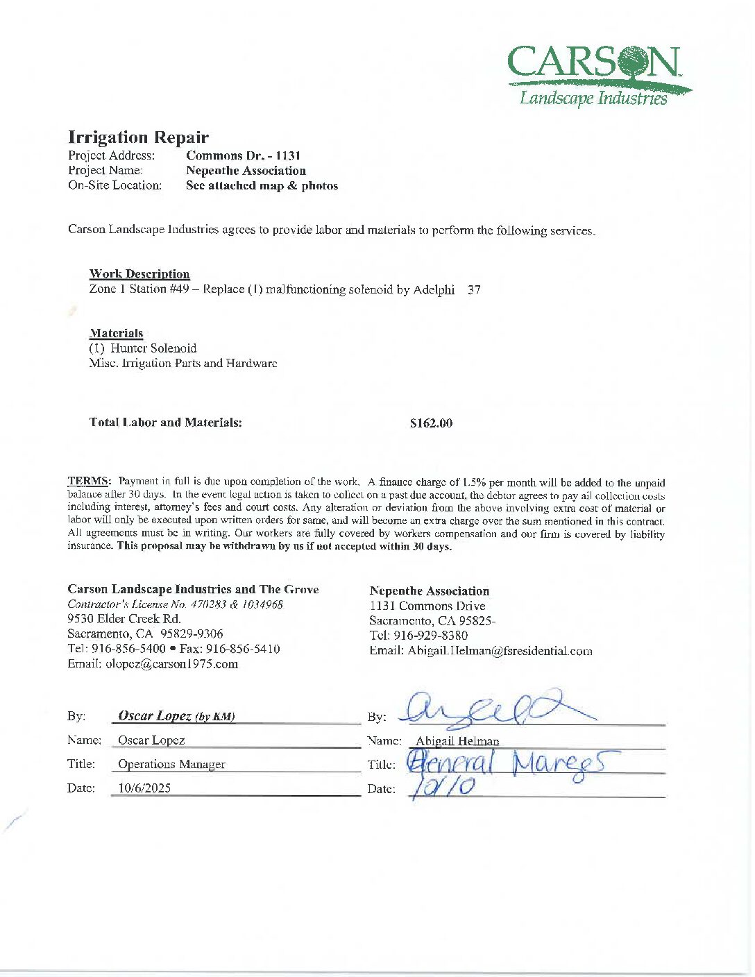 Carson Landscape – Irrigation Repairs – Zone 1, Station 49