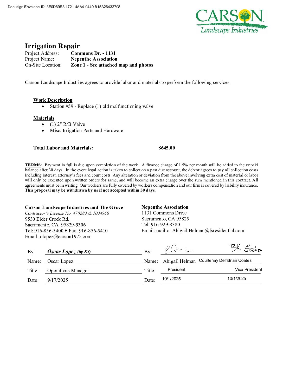 Carson Landscape – Irrigation Repairs – Zone 1, Station 59