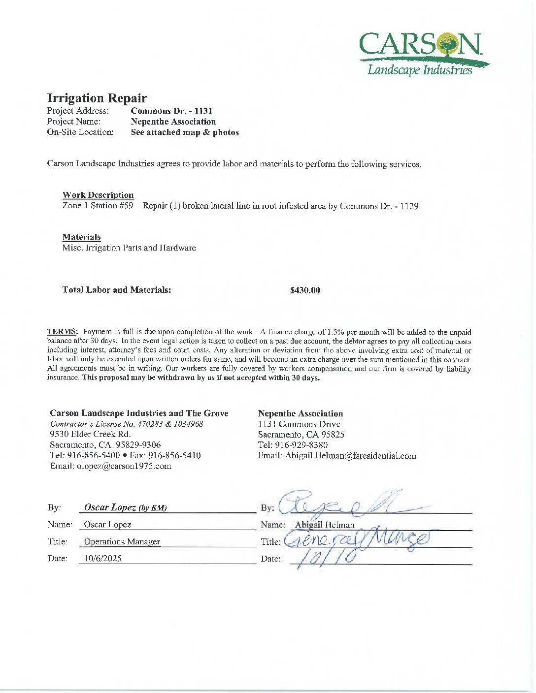Carson Landscape – Irrigation Repairs – Zone 1, Station 59