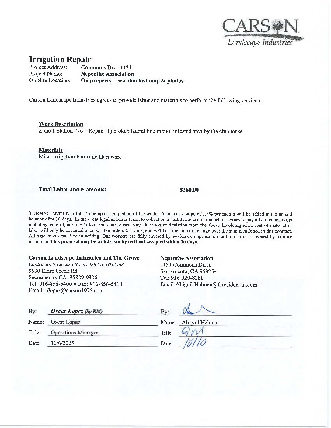 Carson Landscape – Irrigation Repairs – Zone 1, Station 76