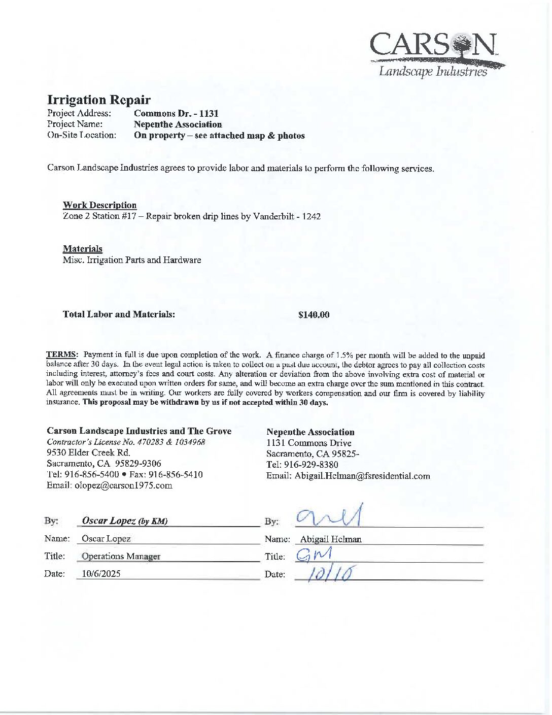 Carson Landscape – Irrigation Repairs – Zone 2, Station 17