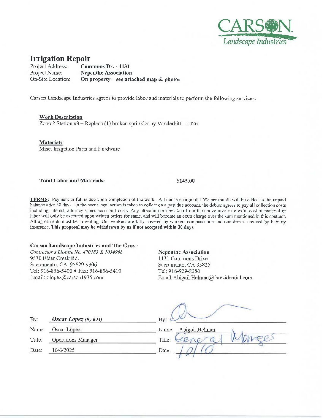 Carson Landscape – Irrigation Repairs – Zone 2, Station 3