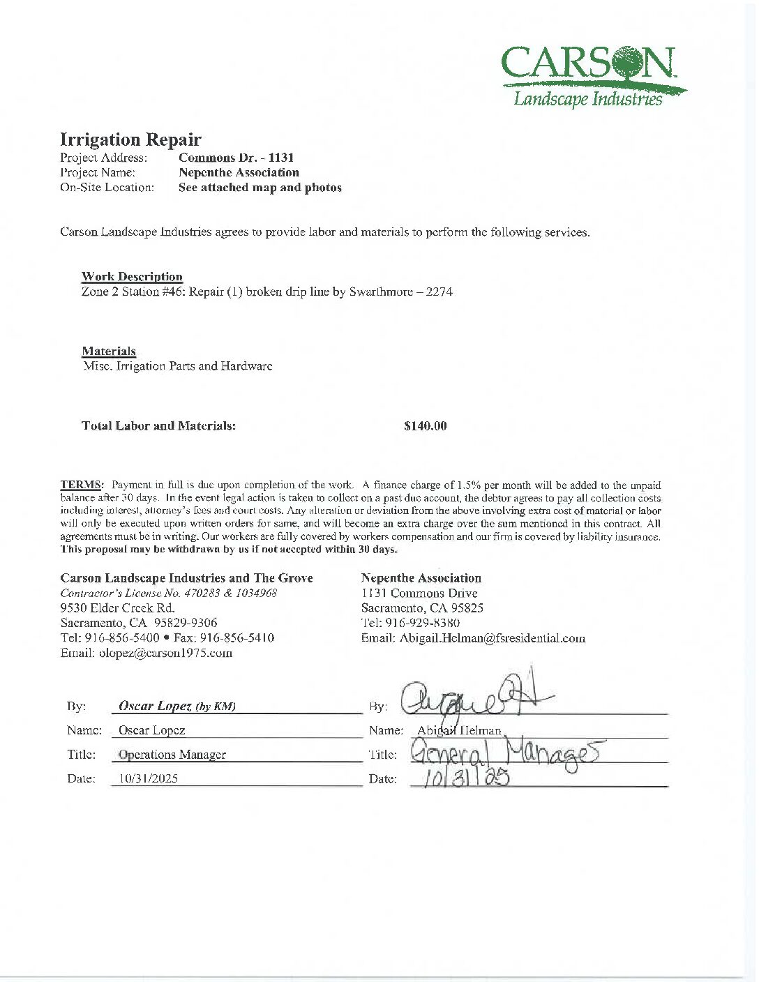 Carson Landscape – Irrigation Repairs – Zone 2, Station 46