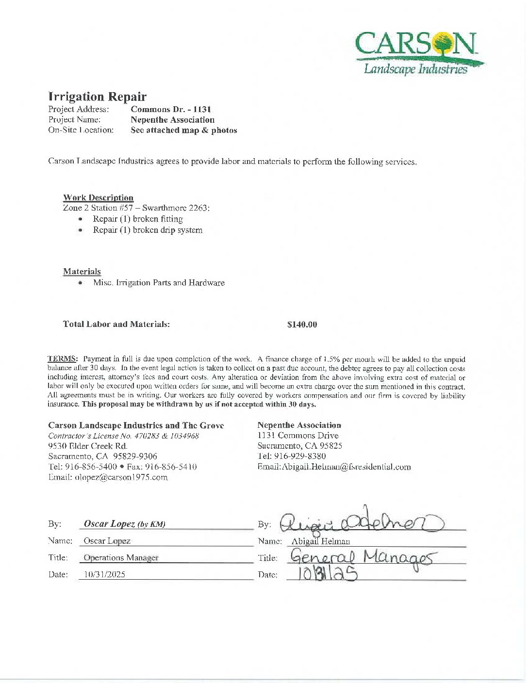 Carson Landscape – Irrigation Repairs – Zone 2, Station 57