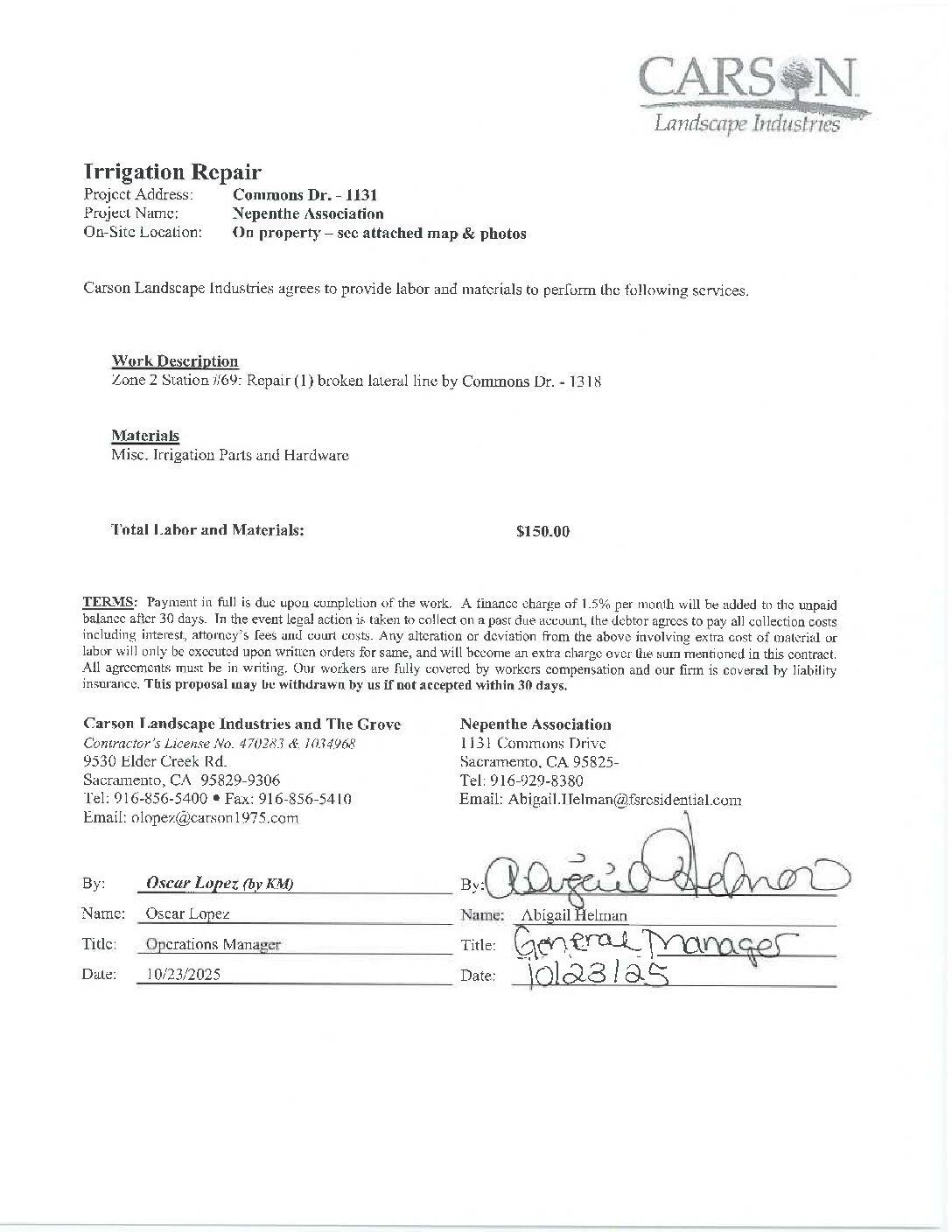 Carson Landscape – Irrigation Repairs – Zone 2, Station 69