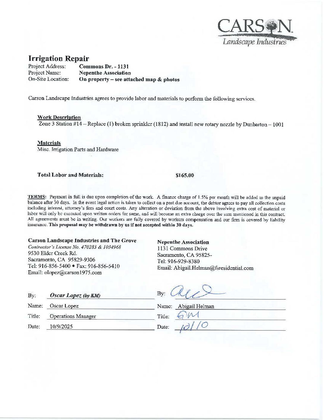 Carson Landscape – Irrigation Repairs – Zone 3, Station 14