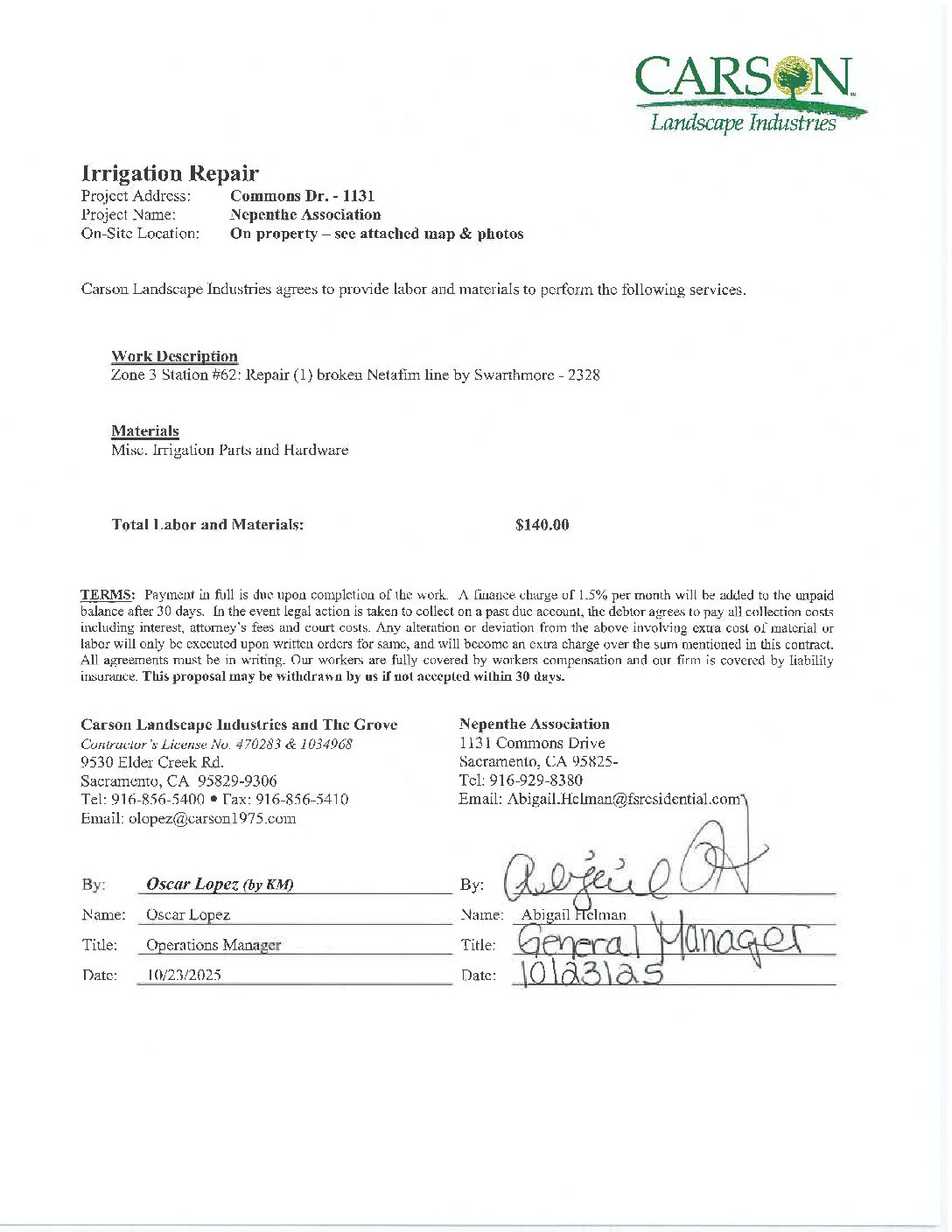 Carson Landscape – Irrigation Repairs – Zone 3, Station 62