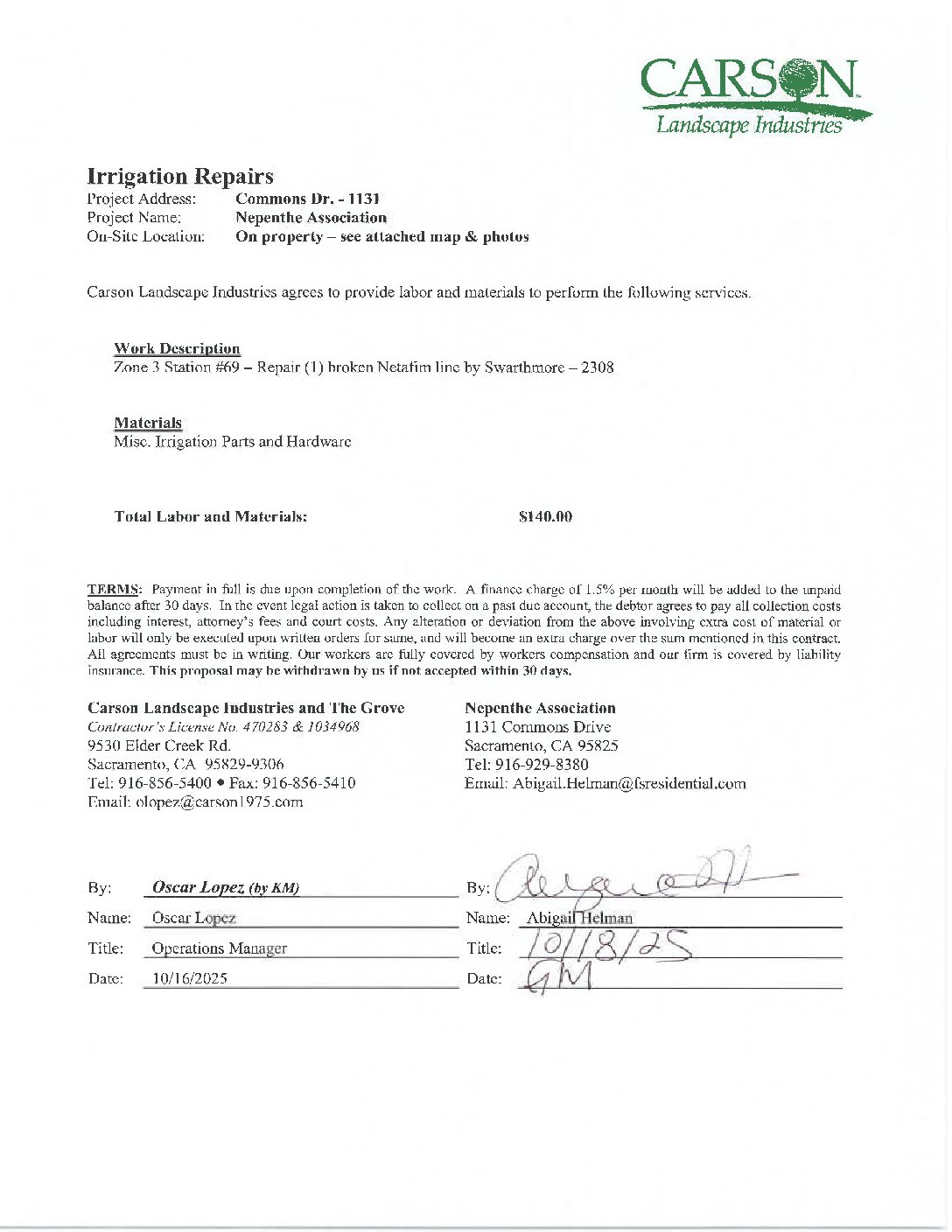 Carson Landscape – Irrigation Repairs – Zone 3, Station 69