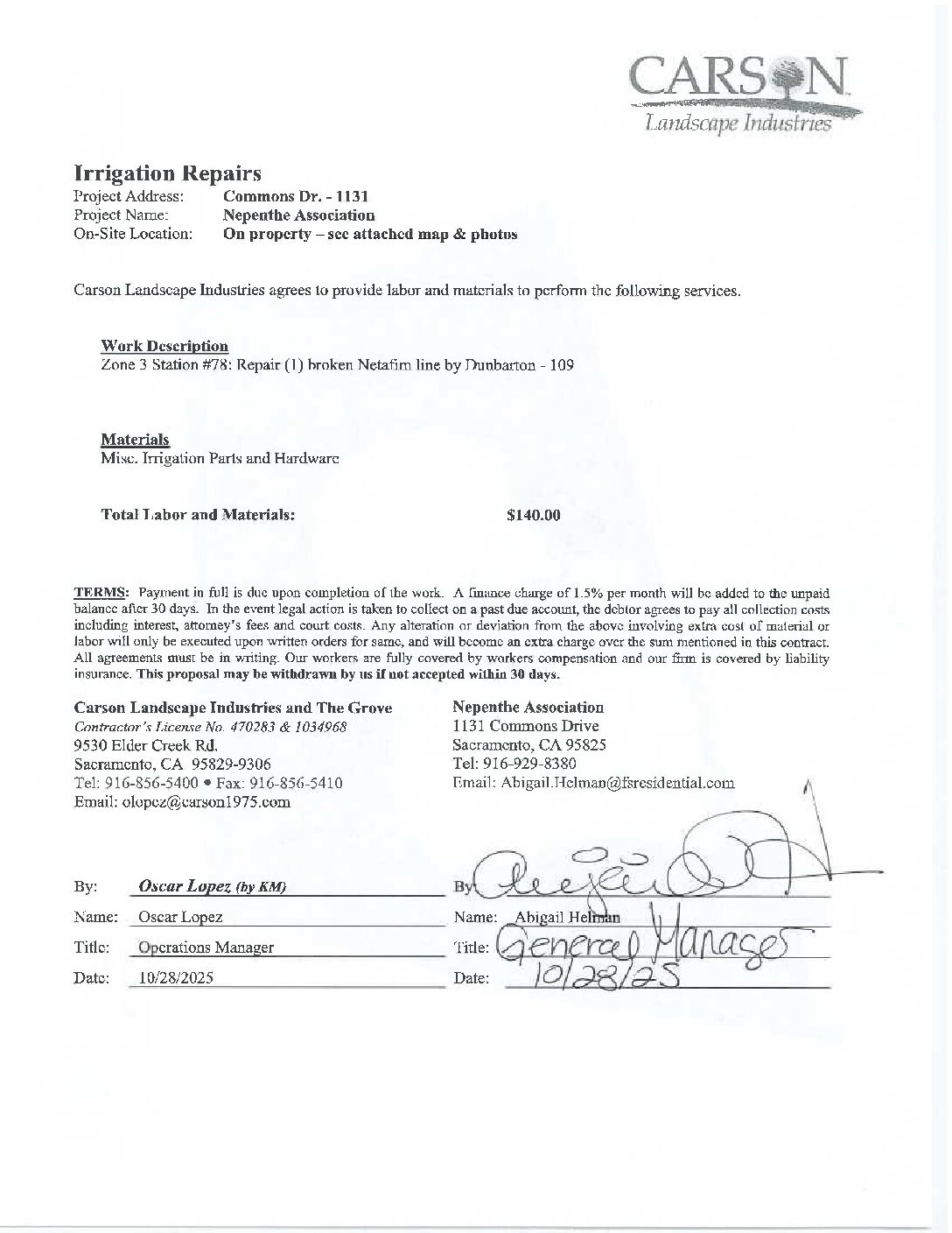 Carson Landscape – Irrigation Repairs – Zone 3, Station 78