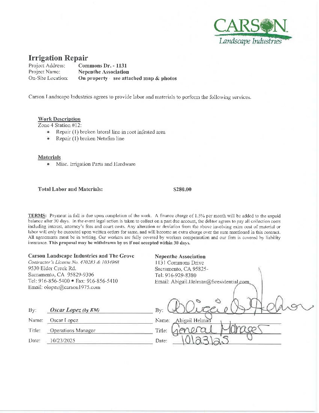 Carson Landscape – Irrigation Repairs – Zone 4, Station 12