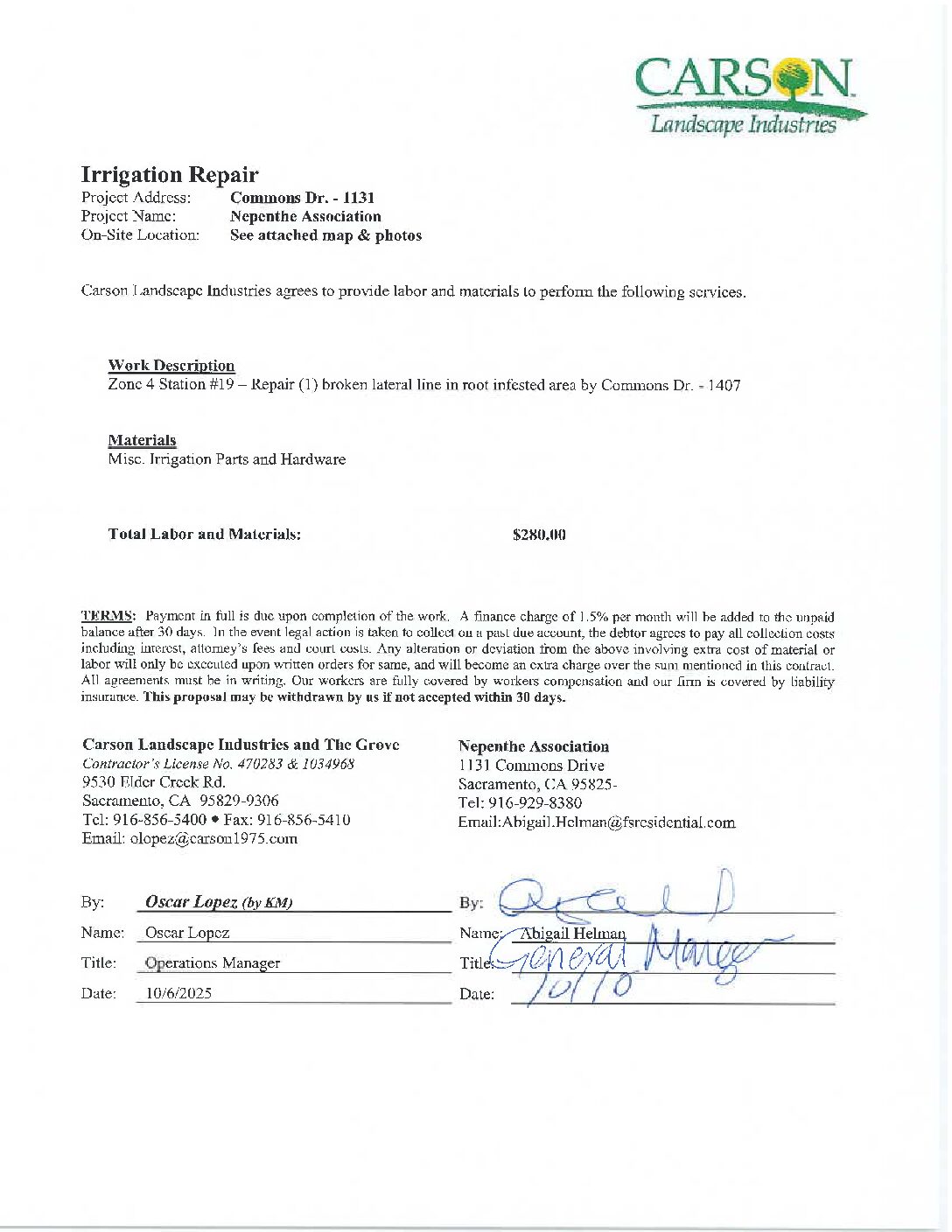 Carson Landscape – Irrigation Repairs – Zone 4, Station 19