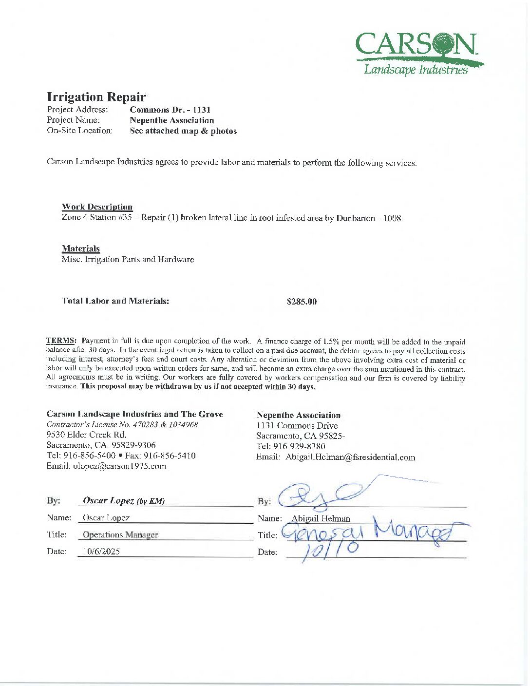 Carson Landscape – Irrigation Repairs – Zone 4, Station 35