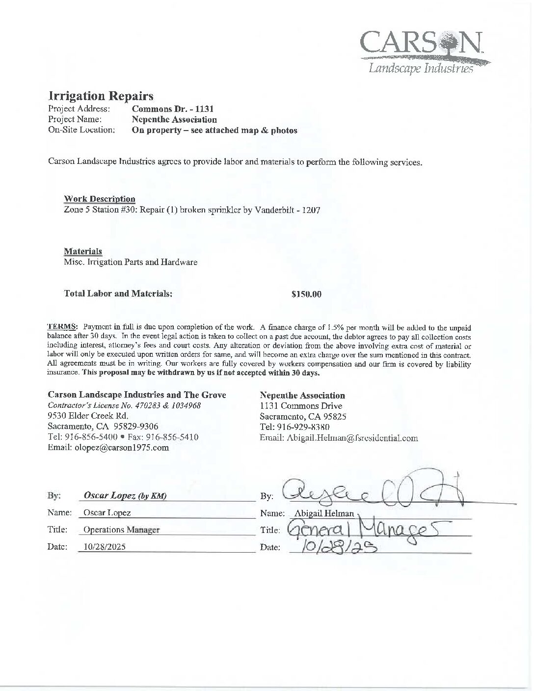 Carson Landscape – Irrigation Repairs – Zone 5, Station 30