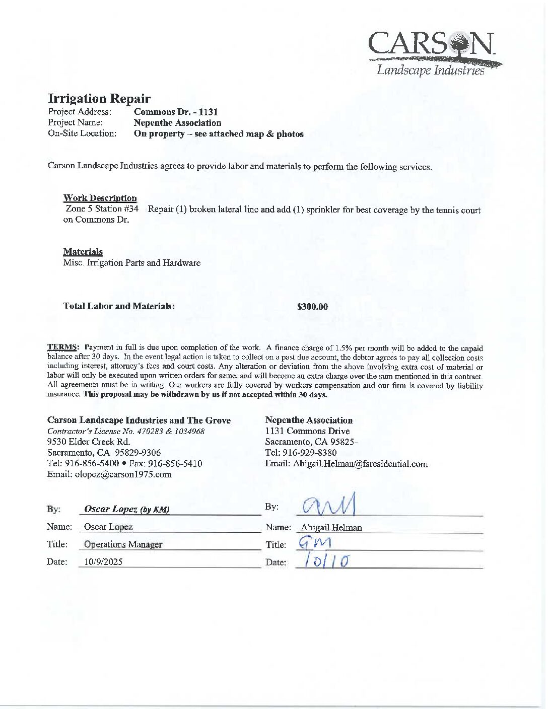 Carson Landscape – Irrigation Repairs – Zone 5, Station 34