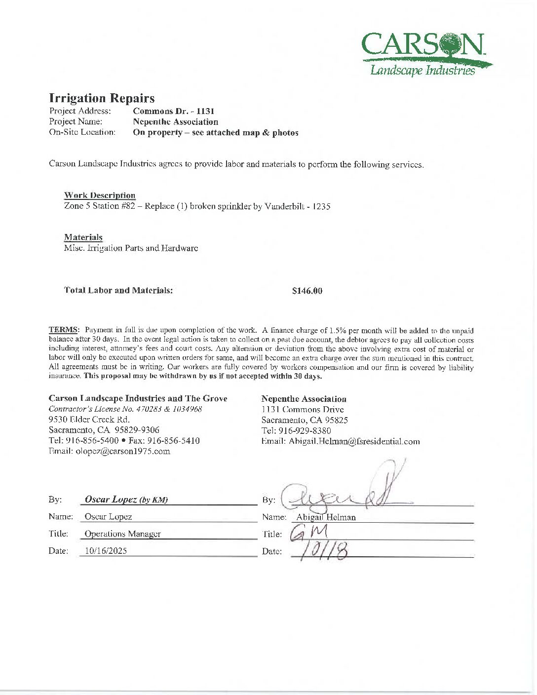 Carson Landscape – Irrigation Repairs – Zone 5, Station 82