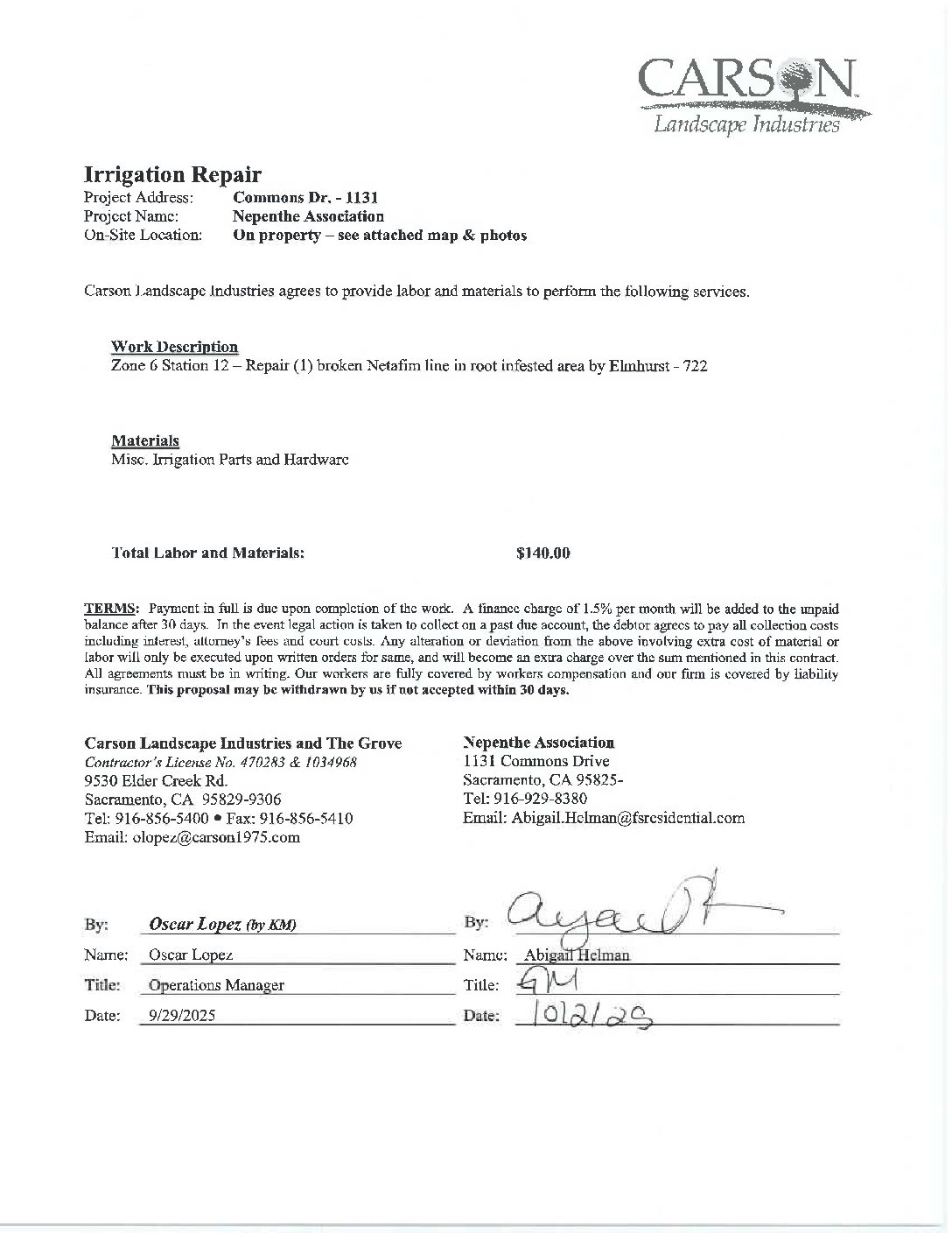 Carson Landscape – Irrigation Repairs – Zone 6, Station 12