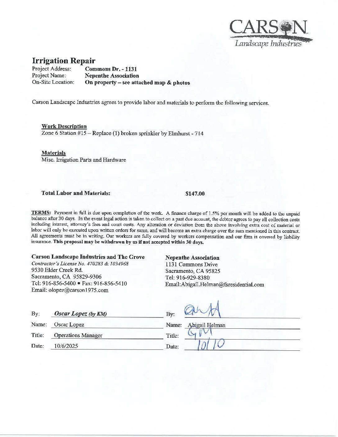 Carson Landscape – Irrigation Repairs – Zone 6, Station 15