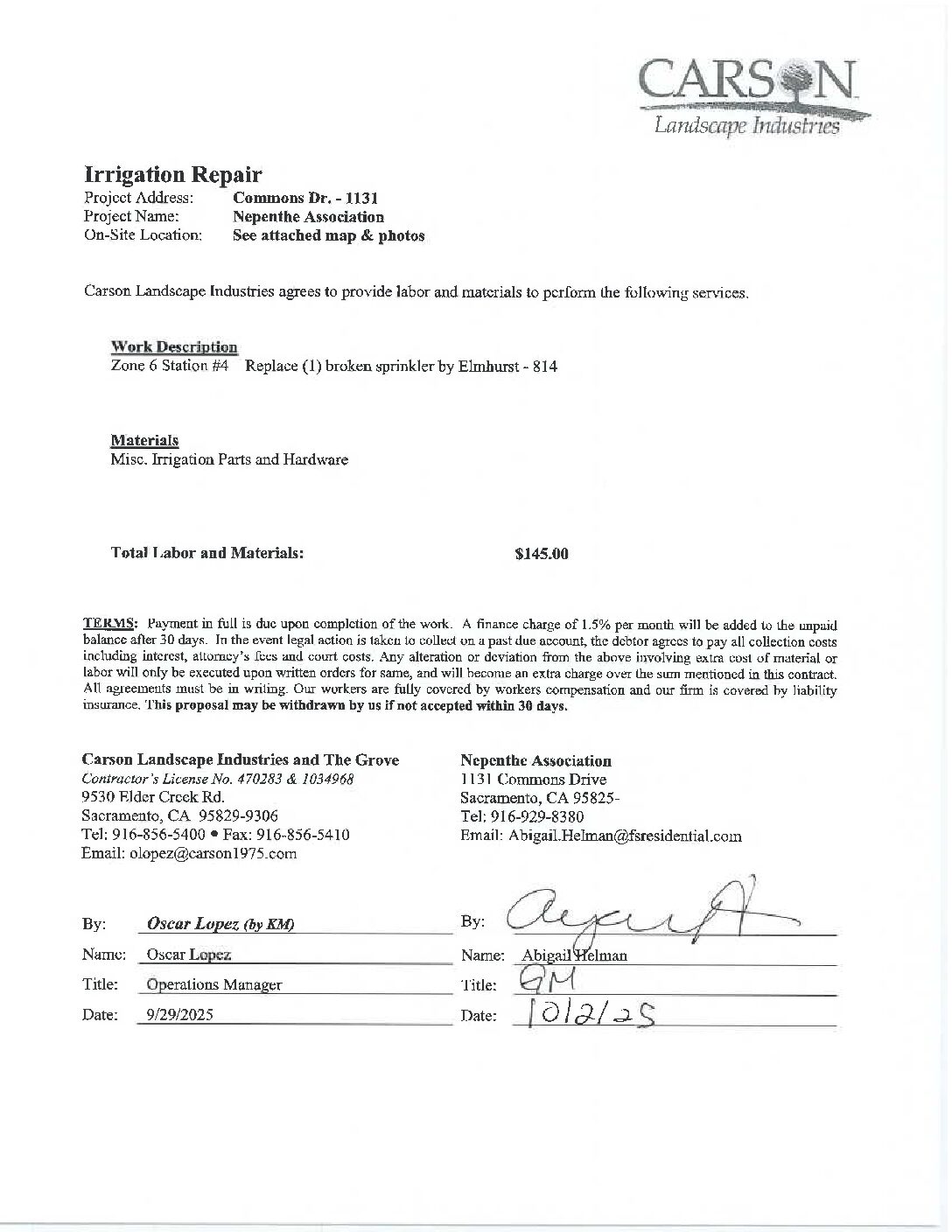 Carson Landscape – Irrigation Repairs – Zone 6 , Station 4