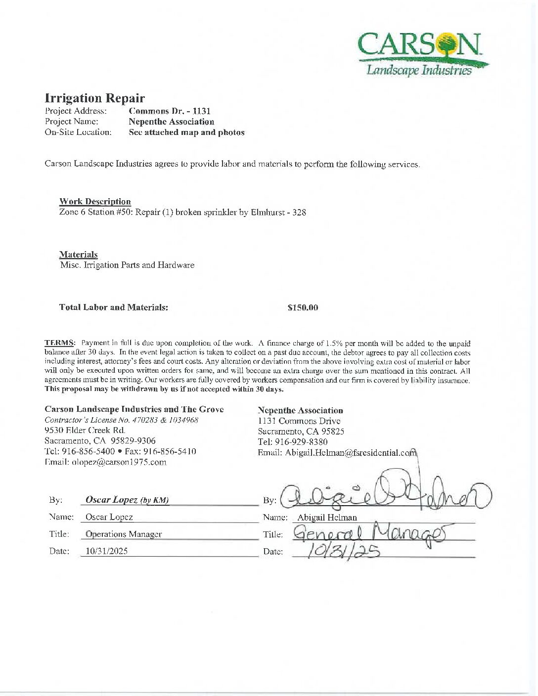 Carson Landscape – Irrigation Repairs – Zone 6, Station 50
