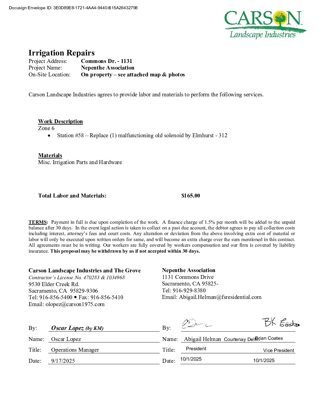 Carson Landscape – Irrigation Repairs – Zone 6, Station 58