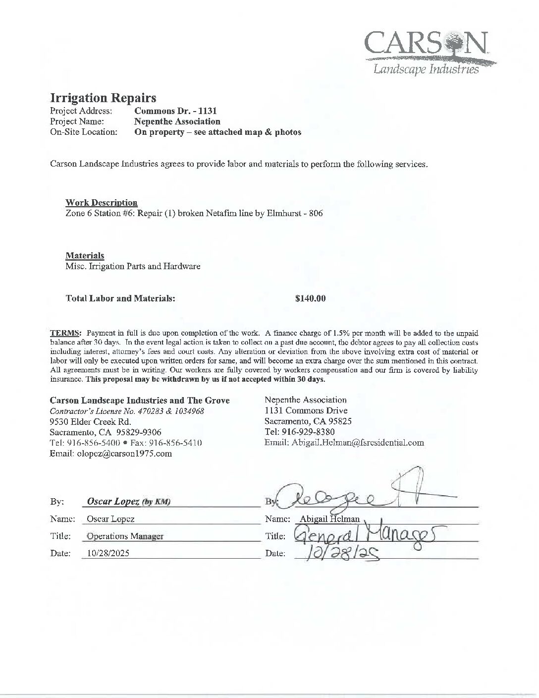 Carson Landscape – Irrigation Repairs – Zone 6, Station 6