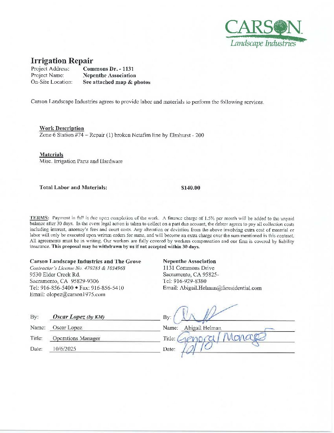 Carson Landscape – Irrigation Repairs – Zone 6, Station 74