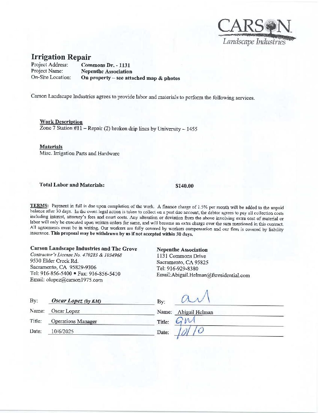Carson Landscape – Irrigation Repairs – Zone 7, Station 11