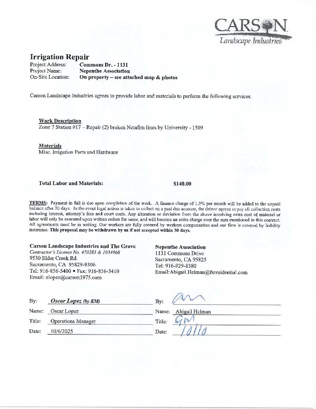 Carson Landscape – Irrigation Repairs – Zone 7, Station 17