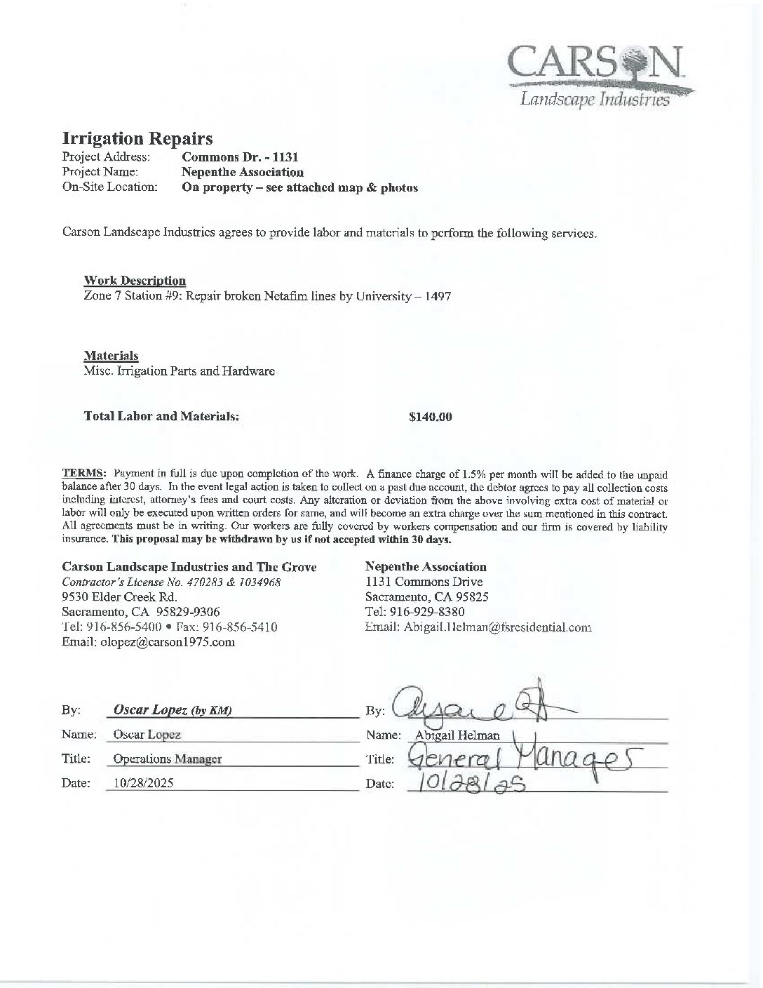 Carson Landscape – Irrigation Repairs – Zone 7, Station 9