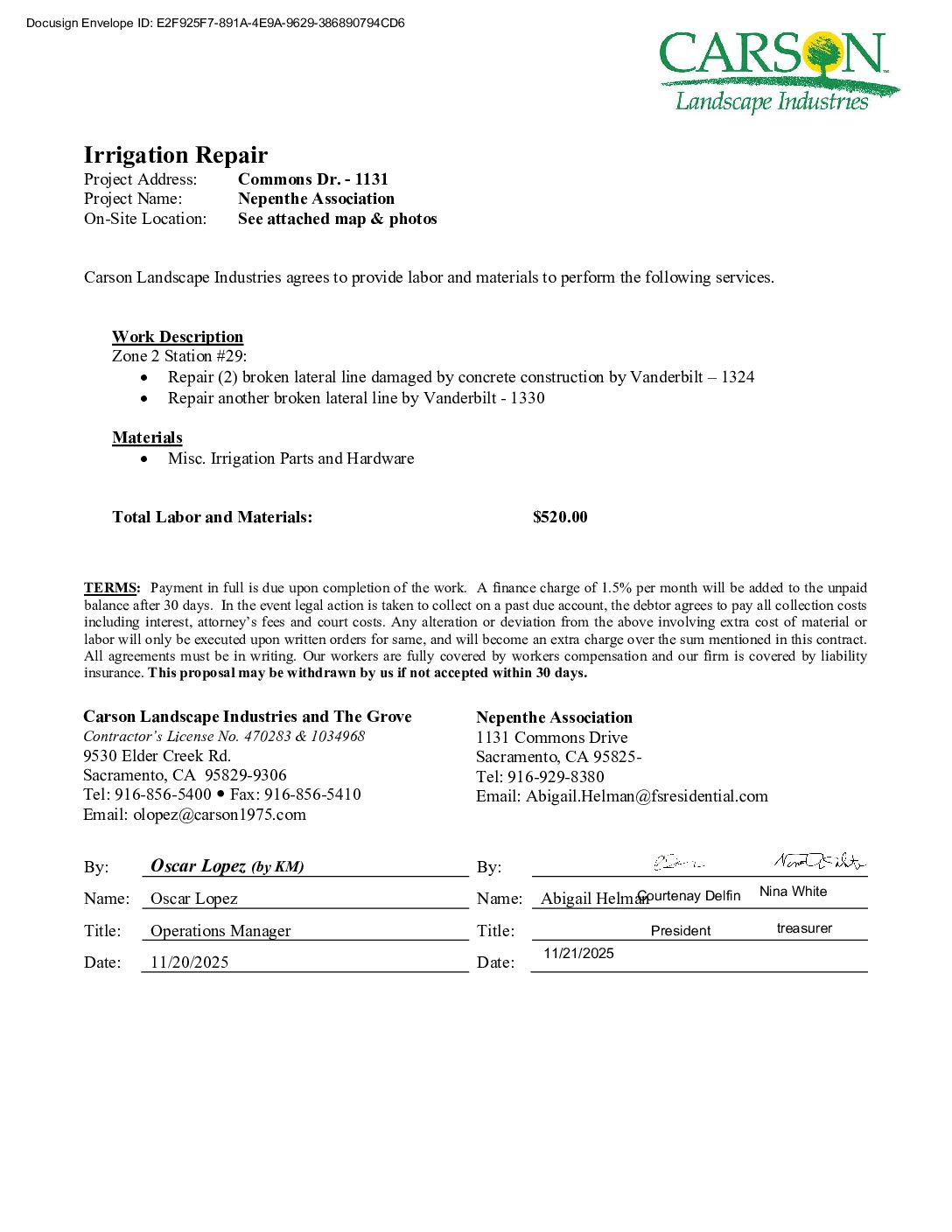 Carson Landscape – Irrigation Repairs – Zone 2, Station 29