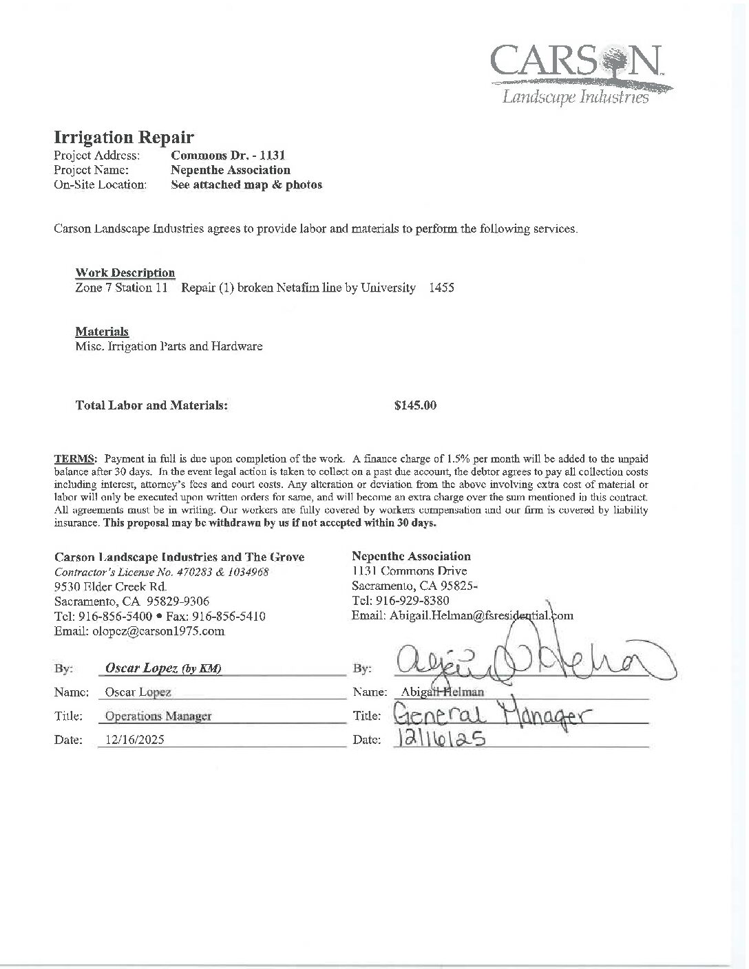Carson Landscape – Irrigation Repairs – Zone 1, Station 11