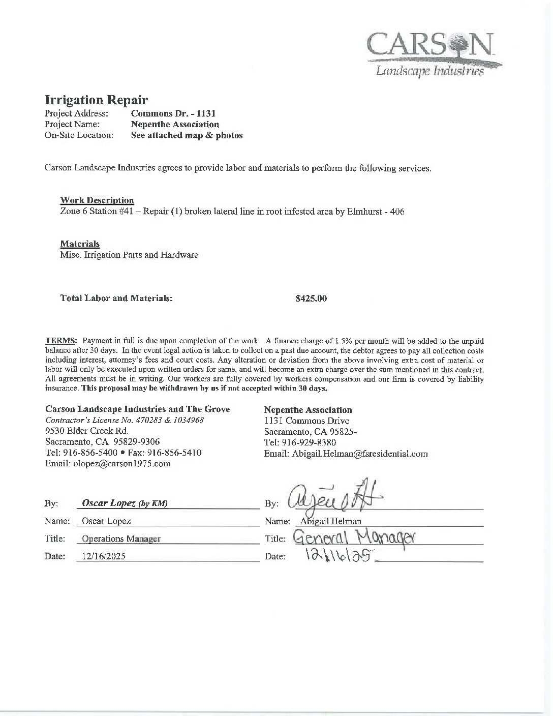 Carson Landscape – Irrigation Repairs – Zone 6, Station 41