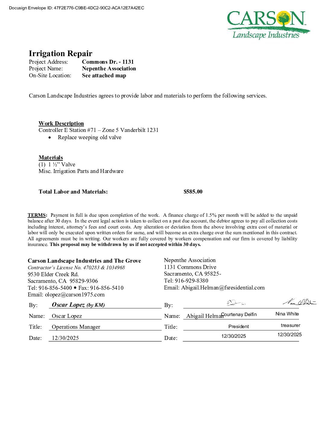 Carson Landscape – Irrigation Repairs – Controller E, Station 71