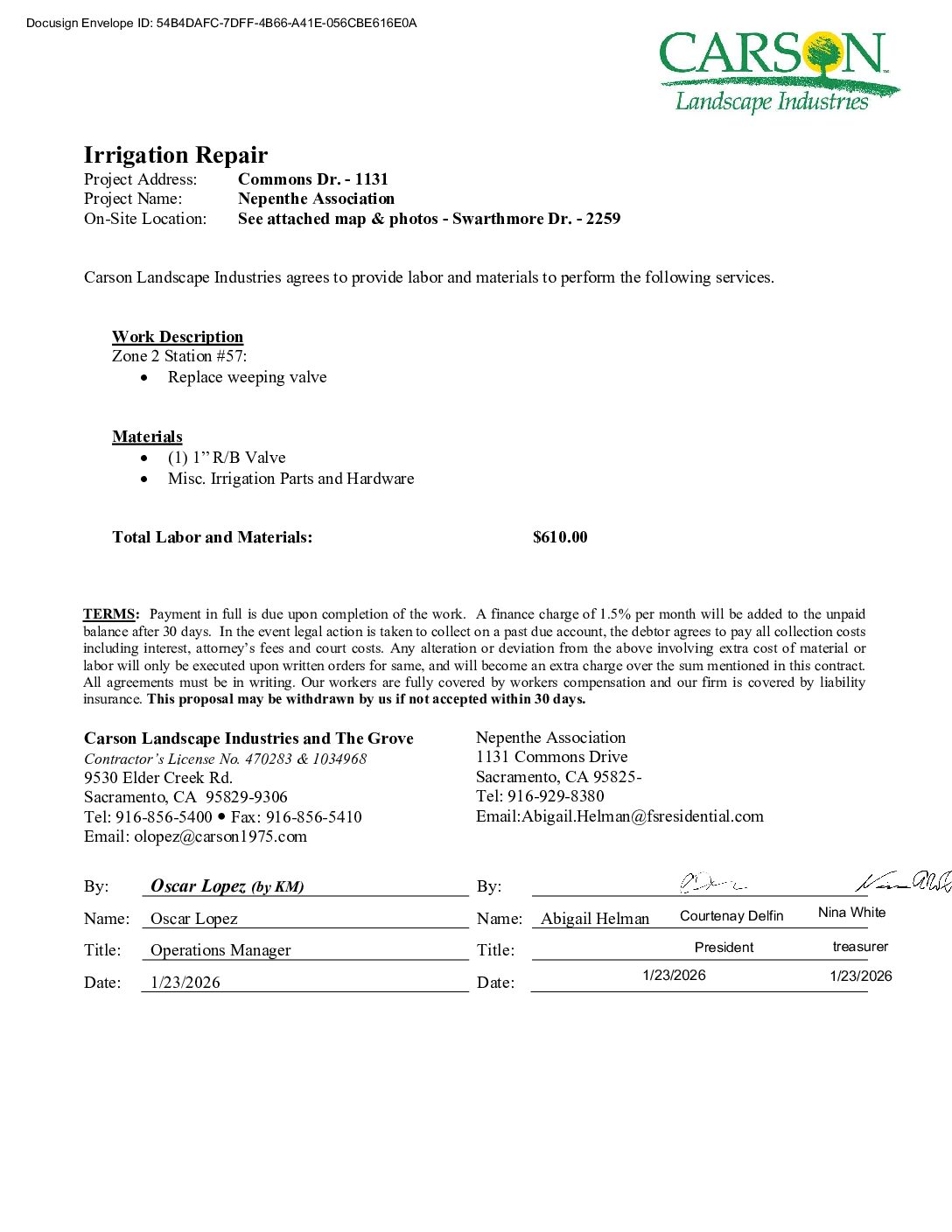 Carson Landscape – Irrigation Repairs – Zone 2, Station 57