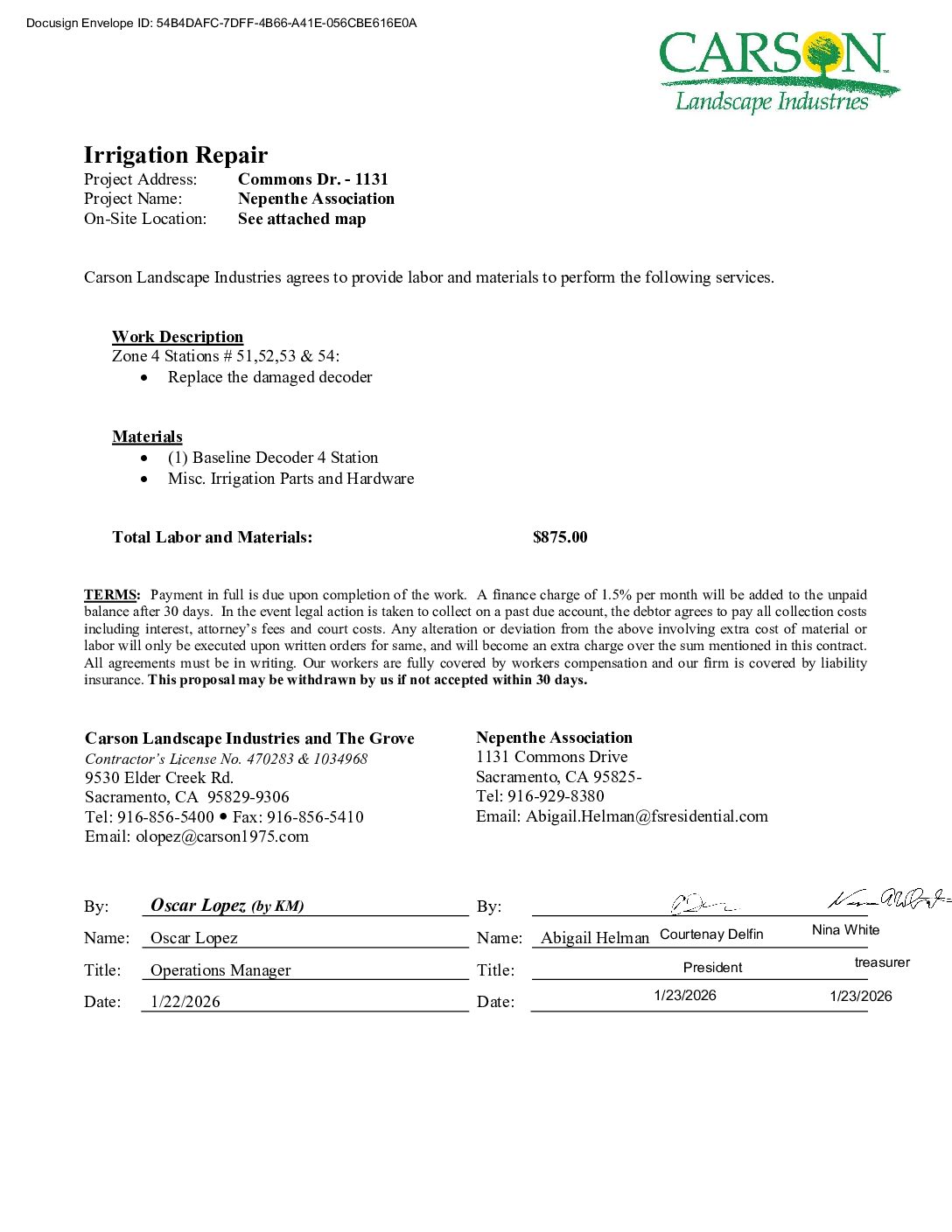 Carson Landscape – Irrigation Repairs – Zone 4, Station 51, 52, 53, & 54